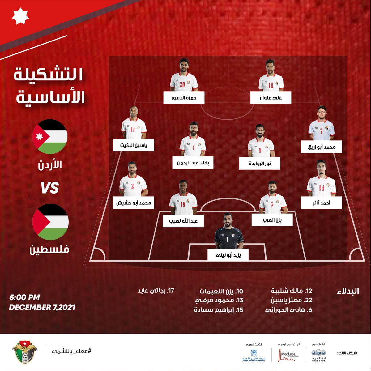 تشكيل مباراة الأردن وفلسطين في كأس العرب