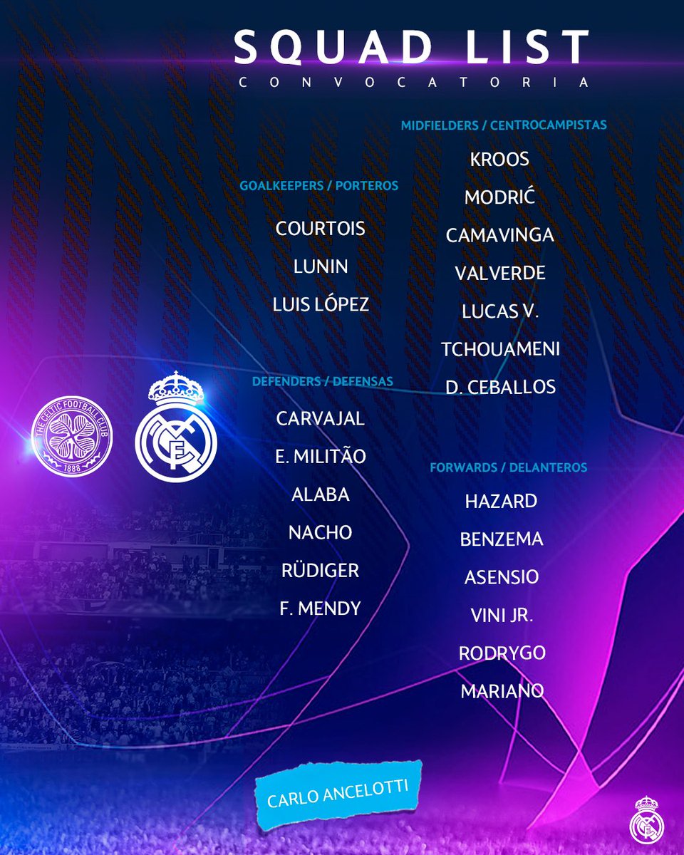 قائمة ريال مدريد في مواجهة سلتيك في دوري أبطال أوروبا