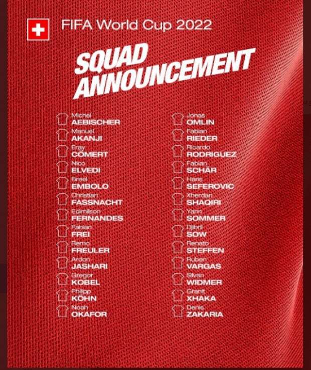 قائمة منتخب سويسرا في كأس العالم 2022 بقيادة تشاكا